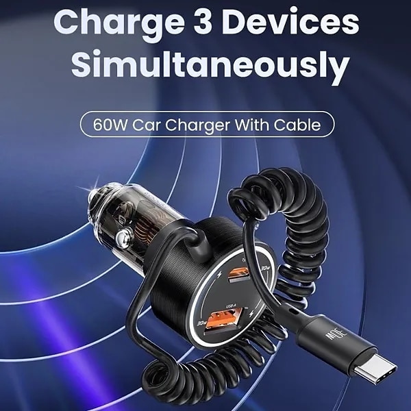 2025年 60 ワットデュアルポートベルトタイプ c ライン透明車の充電器には 1 メートルのタイプ c データワイヤー pd3.0 qc3.0 急速充電 iphone サムスン ファーウェイ xiaomi 携帯電話車に必要な充電器が付属しています  コレクション – $36.99 –P2