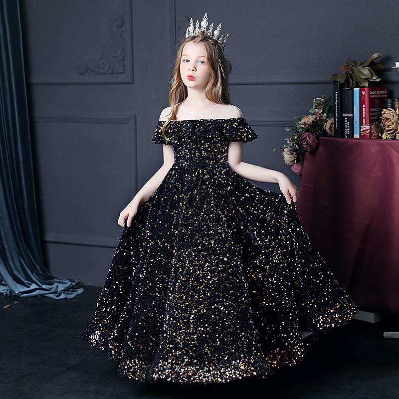 Blomsterpikekjole Jente Kjole Aftenkjole Festkjole Bryllup Fest søt stil Prinsesse Rynket Netting Kortermet Crew-hals Sølv Svart 3-12 år 2025 - $84.99 –P11