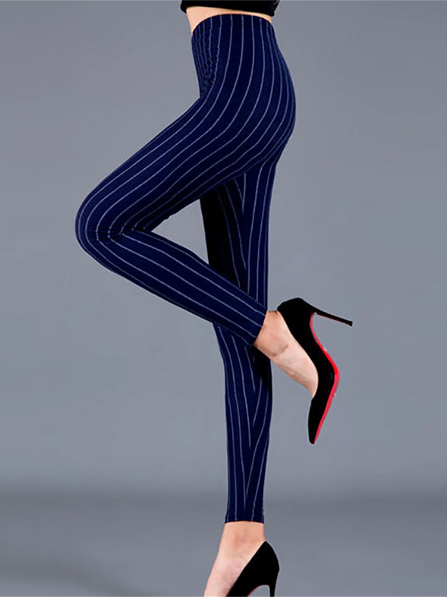 Women's Leggings Fashion Streetwear Full Length Mid Waist Geometric Striped Elastic Waist Print Breathability Comfortable Micro-elastic Outdoor Street Daily Black and white stripes black vertical 2025 - $12.99 –P5