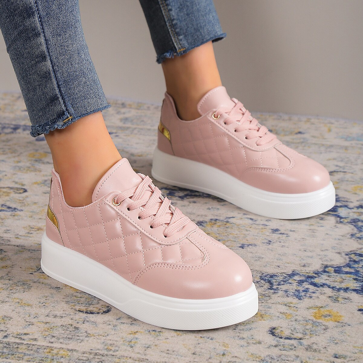 Women's Sneakers White Shoes Plus Size Platform Sneakers White Shoes Outdoor Solid Color Polka Dot Summer Winter Flat Heel Round Toe Closed Toe Fashion Sporty Casual PU Lace-up Black White Pink 2023 - AED 139 –P4