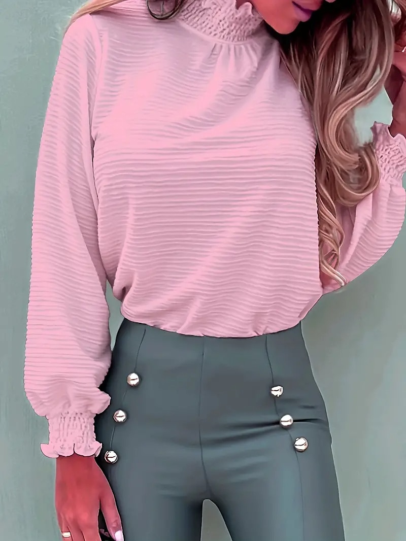 Hemd Bluse Damen Schwarz Weiß Rosa Solide / einfarbig Puffärmel Täglich Modisch Stehkragen Regular Fit S 2025 - $27.99 –P18