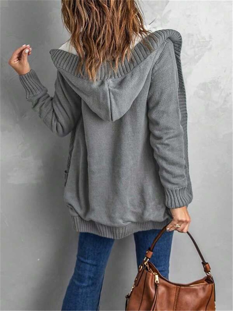 Women's Cardigan Cable Knit Sweater Hooded Cable Knit Acrylic Button Pocket Knitted Fall Winter Regular Outdoor Daily Going out Stylish Casual Soft Long Sleeve Pure Color Black Dark Gray S M L 2023 - US $54.99 –P1