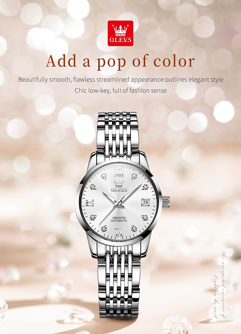 OLEVS 6673 Fashion Business Silver Stainless Steel Women Mechanical Watches Top Brand Luxury Waterproof Automatic Watch 2025 - $104.99 –P9