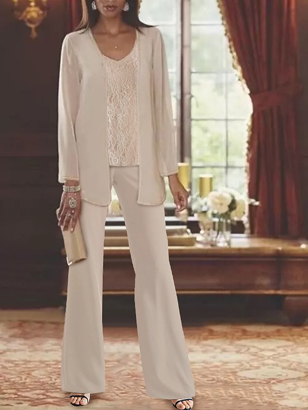 Strand Bruiloft Jumpsuit  Pantalon 3 Stuk Moeder van de Bruid Formal Bruiloft Gast Elegante V-hals Vloerlengte Chiffon Kant Lange Mouw Jacketten met Applicaties 2025 - $129.99 –P1