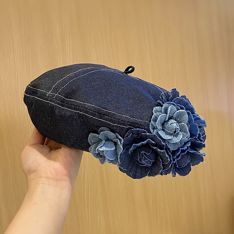 berretto berretto con decorazioni floreali vintage per donna berretti lavati in denim blu cappello ottagonale leggero cappelli classici da pittore del 2025 a $38.99 –P3