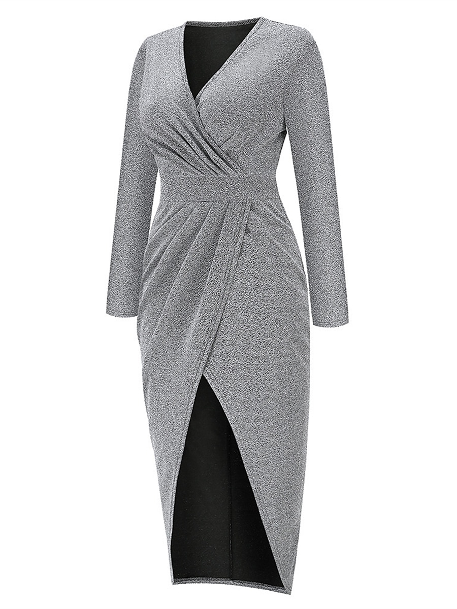 Mulheres Vestido preto Vestido de festa Vestido de convidada de casamento Franzido Fenda Decote V Manga Longa Formal Roupa de inverno Prata Preto Primavera Inverno de 2026 por $38.99 –P6