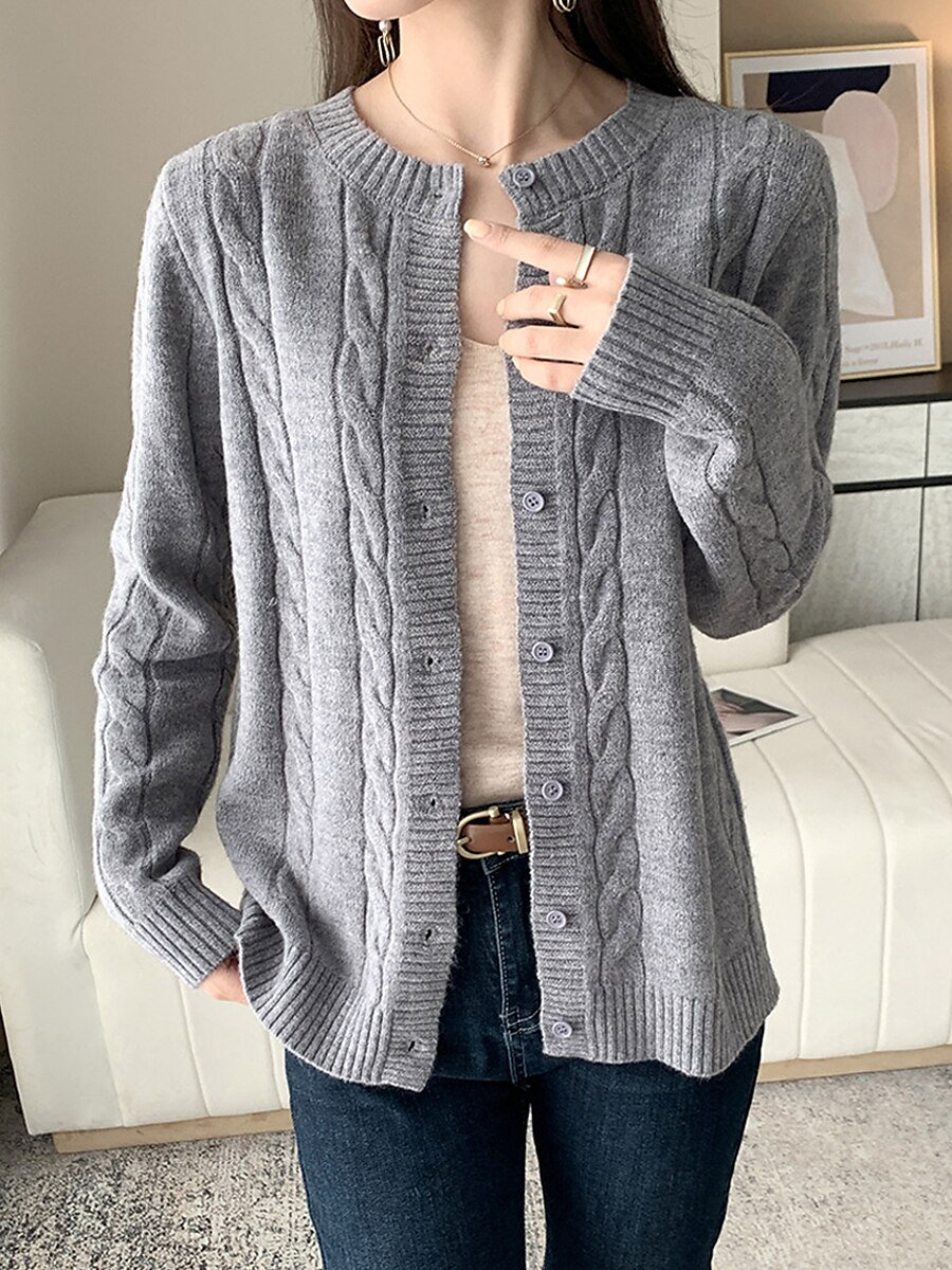Women's Cardigan Sweater Jacket Crew Neck Cable Knit Polyester Button Knitted Fall Winter Regular Outdoor Daily Going out Fashion Streetwear Casual Long Sleeve Solid Color off white Black Camel S M L 2023 - US $28.99 –P1