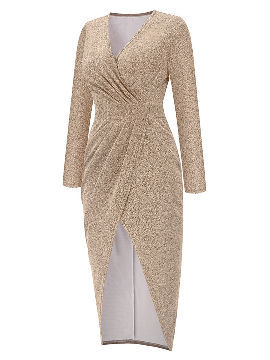 Mulheres Vestido preto Vestido de festa Vestido de convidada de casamento Franzido Fenda Decote V Manga Longa Formal Roupa de inverno Prata Preto Primavera Inverno de 2026 por $38.99 –P19