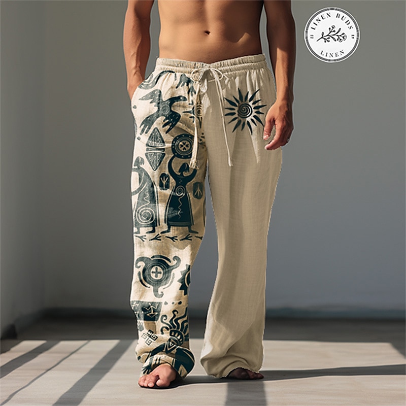 Men's Linen Pants Drawstring Elastic Waist Front Pocket Graphic