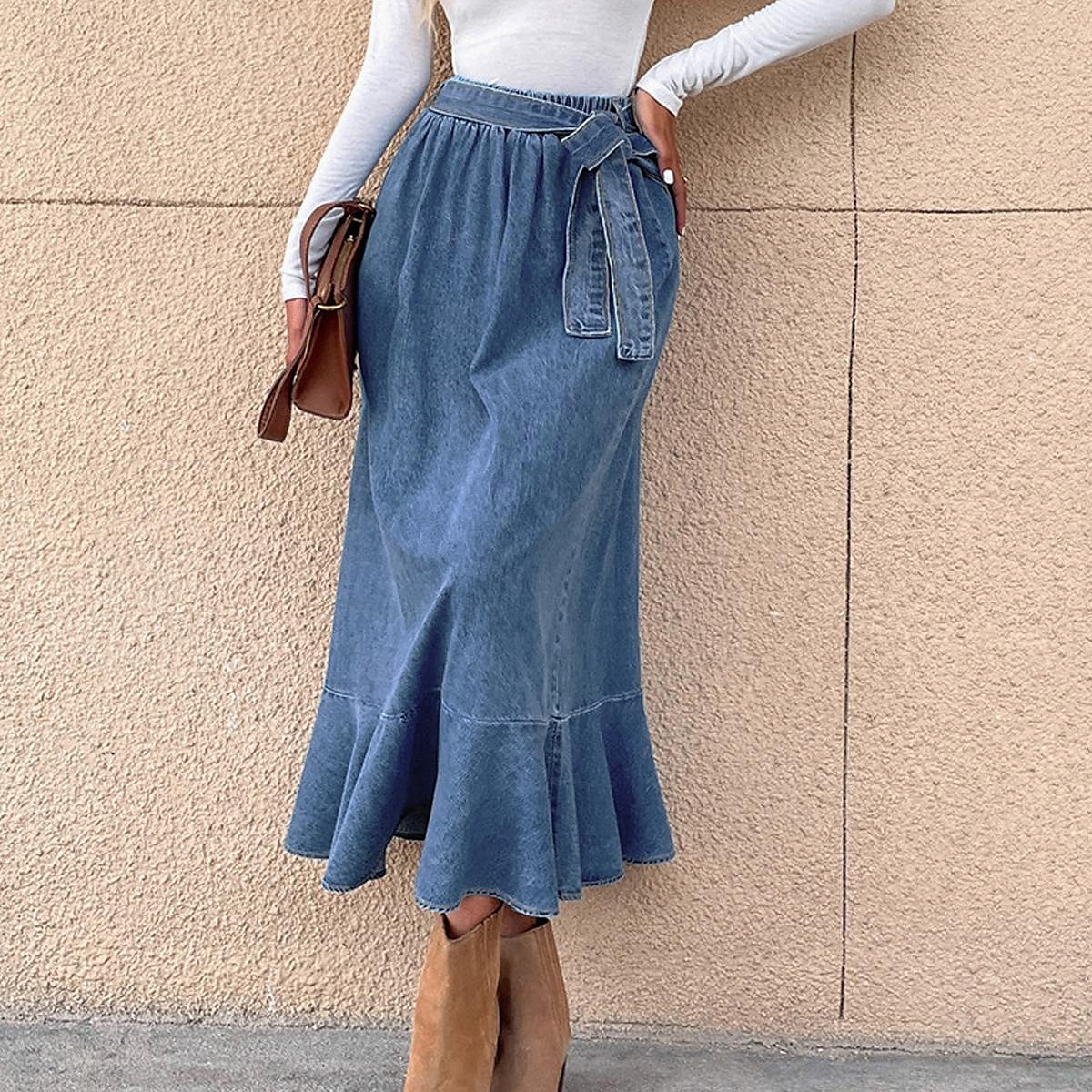 Per donna Gonna Linea A Altalena a dondolo Di tendenza Informale Maxi Vita alta Gonne Tinta unita Con balze Strada Giornaliero Blu Inverno Denim del 2025 a $32.99 –P2