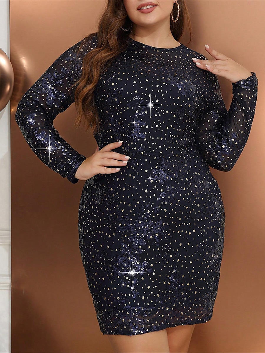 Women‘s Plus Size Sequin Dress Fringe Dress Party Dress Sparkly Dress Mini Dress Navy Blue Long Sleeve Spring Fall Winter Crew Neck Fashion Winter Dress Vacation XL 2023 - US $46.99 –P1