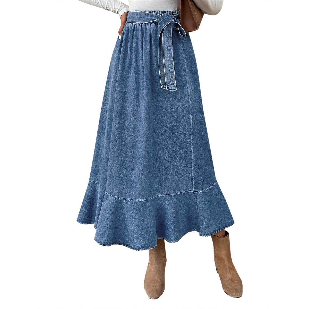 Per donna Gonna Linea A Altalena a dondolo Di tendenza Informale Maxi Vita alta Gonne Tinta unita Con balze Strada Giornaliero Blu Inverno Denim del 2025 a $32.99 –P6