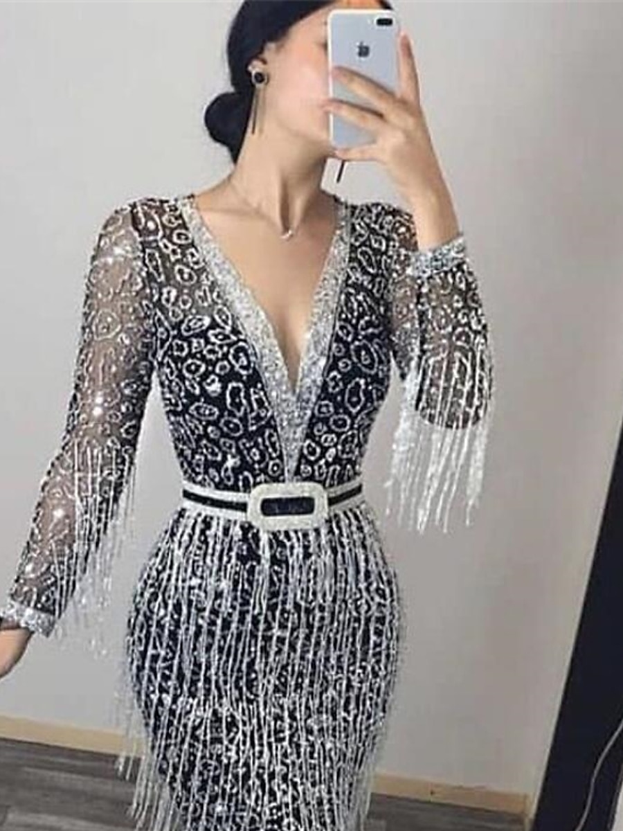 Women‘s Sequin Dress Fringe Dress Prom Dress Party Dress Sparkly Dress Black Dress Black Long Dress Maxi Dress Long Sleeve Fall Winter Autumn Deep V Fashion Guest Birthday 2023 - US $39.99 –P3