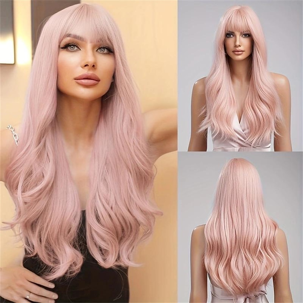 perruque synthétique bouclée perruque bang soignée long brun rose cheveux synthétiques design à la mode pour femmes naturel facile à transporter rose brun perruques de fête de Noël de 2025 ? $21.99 –P1
