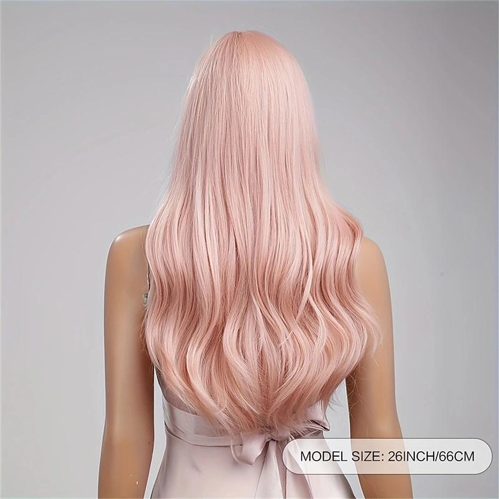 synthetische pruik gekruld nette pony pruik lang bruin roze synthetisch haar dames modieus design natuurlijk gemakkelijk mee te nemen roze bruin kerstfeestpruiken 2025 - $21.99 –P4