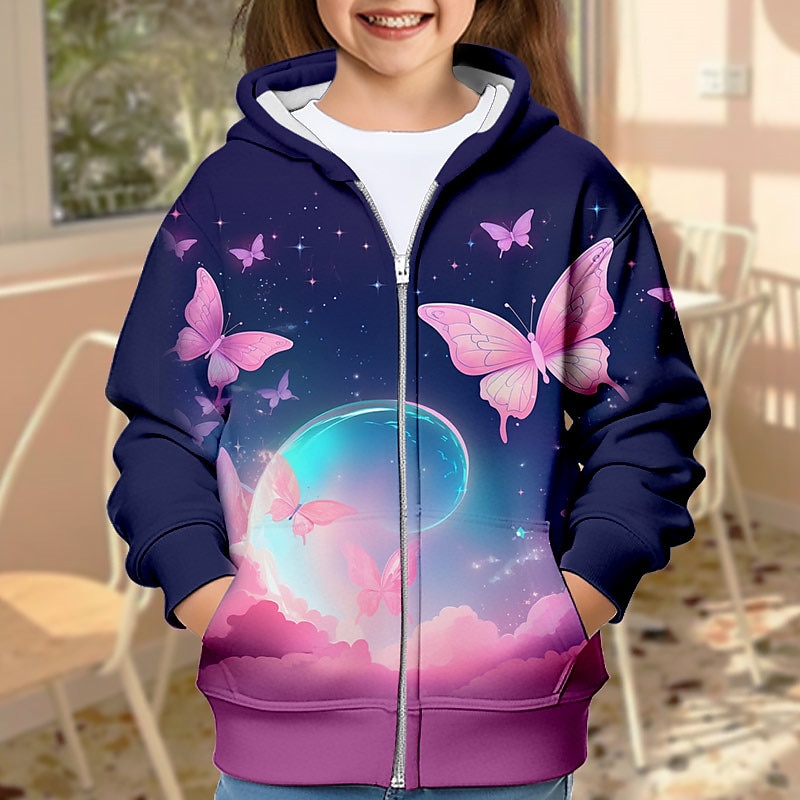 Voor meisjes 3D Heelal Vlinder Trui met capuchon Jas Overkleding Lange mouw 3D-afdrukken Herfst Winter Actief Modieus leuke Style Kinderen 3-12 jaar Buiten Casual Dagelijks Normale pasvorm 2025 - $18.49 –P1
