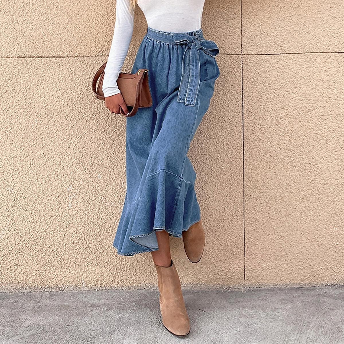 Per donna Gonna Linea A Altalena a dondolo Di tendenza Informale Maxi Vita alta Gonne Tinta unita Con balze Strada Giornaliero Blu Inverno Denim del 2025 a $32.99 –P4
