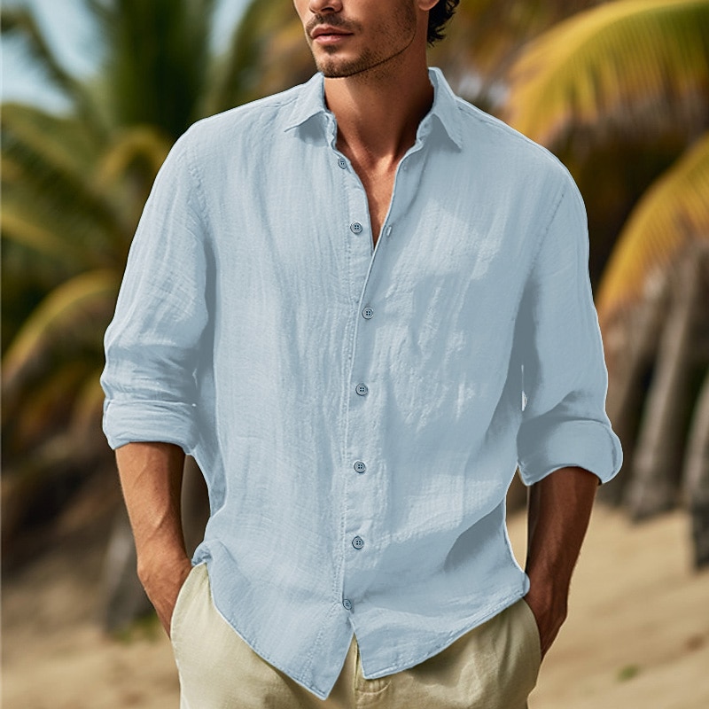 Linen Blouse for Men Long Sleeve Shirts Button Down Lapel Collar
