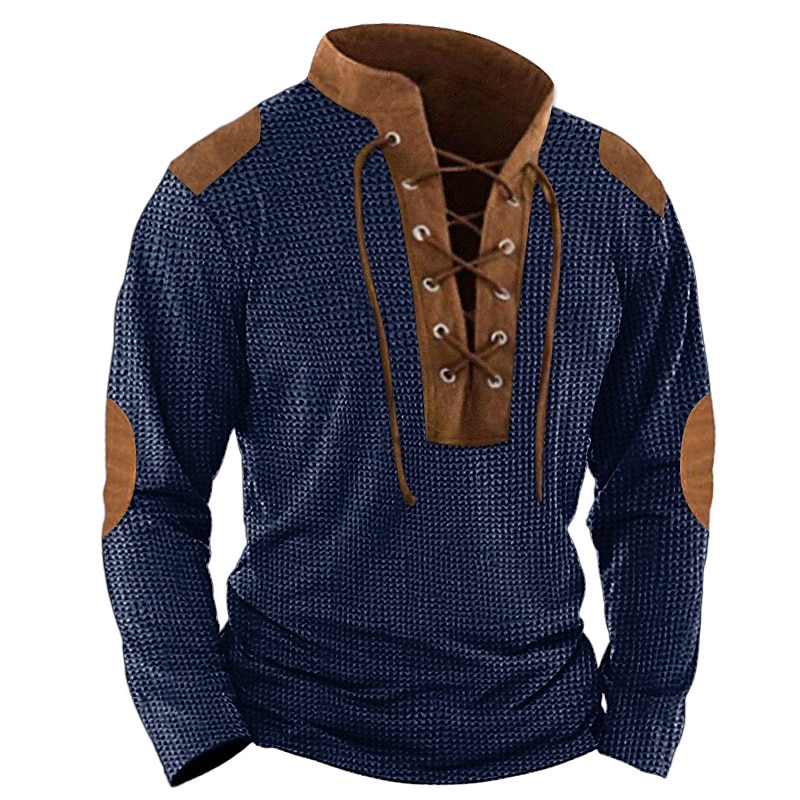 Men's Waffle Shirt T Shirt Tee Top Long Sleeve Shirt Long Sleeve Collar Spring & Fall Color Block Vintage Designer Basic Lace up Patchwork Vacation Street Going out Black Blue khaki Top Tee for Men 2025 - $24.99 –P3