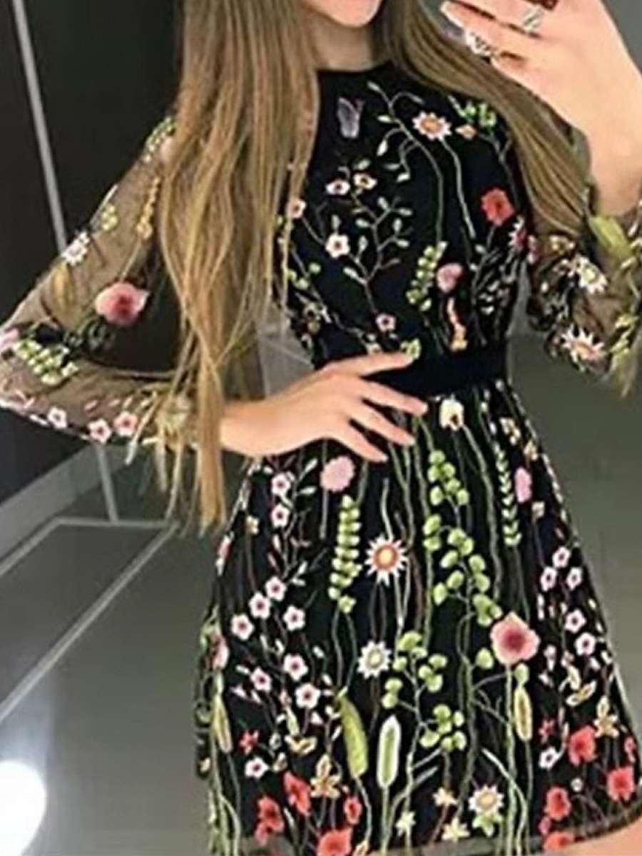 kvinnors mesh fodral klänning rosa klänning tunika klänning blommig mesh lapptäcke rund hals miniklänning daglig semester långärmad höst vinter 2025 - $40.99 –P2