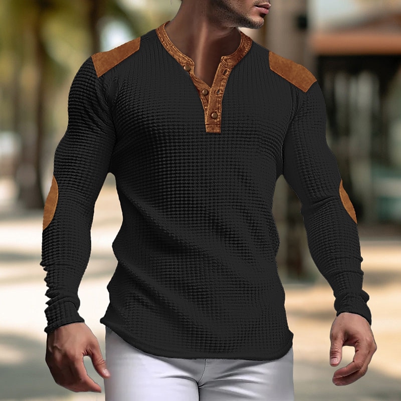 Pánské Vaflové tričko Tričko s knoflíkem Tričko Waffle Henley košile Dlouhý rukáv Henley Jaro & podzim Barevné bloky Módní Designové Základní Slátanina Dovolená ulice Jdeme ven Černá Bílá Námořnick 2025 - $21.99 –P4