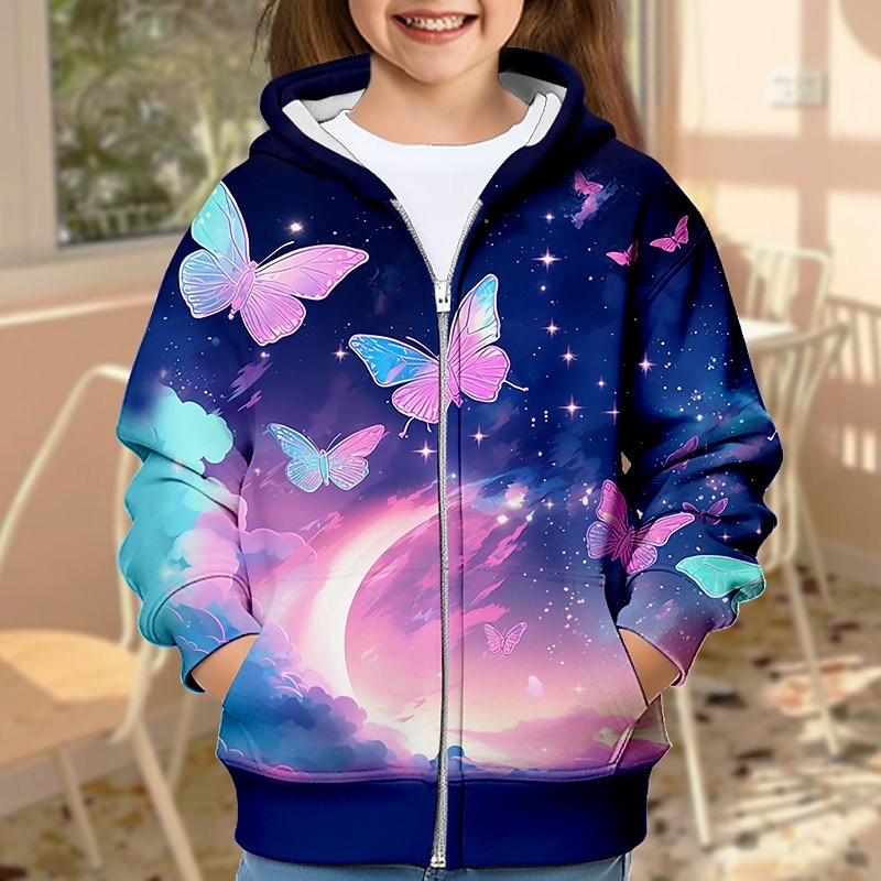 Voor meisjes 3D Heelal Vlinder Trui met capuchon Jas Overkleding Lange mouw 3D-afdrukken Herfst Winter Actief Modieus leuke Style Kinderen 3-12 jaar Buiten Casual Dagelijks Normale pasvorm 2025 - $18.49 –P4