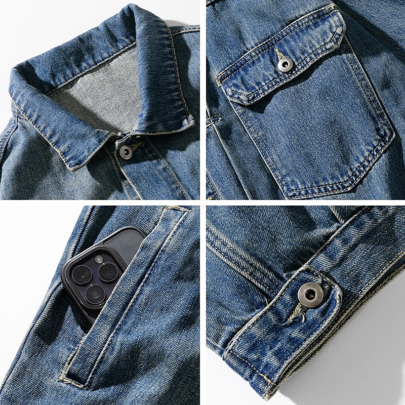 Herr Nummer Kappa Jean Jacka Jeansjacka Andningsfunktion Bekväm Ledigt Sport & Utomhus Utekväll Helgen Knappar Mönster Höst vinter Nedvikt Långärmad Svart Blå 2025 - $60.99 –P7