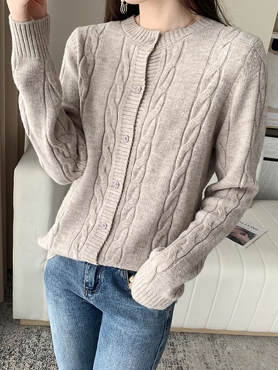 Women's Cardigan Sweater Jacket Crew Neck Cable Knit Polyester Button Knitted Fall Winter Regular Outdoor Daily Going out Fashion Streetwear Casual Long Sleeve Solid Color off white Black Camel S M L 2023 - US $28.99 –P14