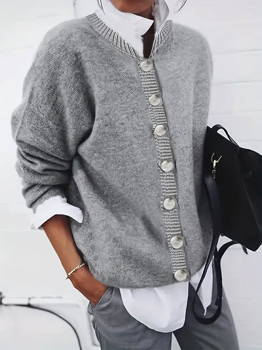Women's Cardigan V Neck Ribbed Knit Polyester Button Knitted Fall Winter Regular Outdoor Holiday Going out Stylish Casual Soft Long Sleeve Pure Color Gray S M L 2023 - US $29.99 –P1