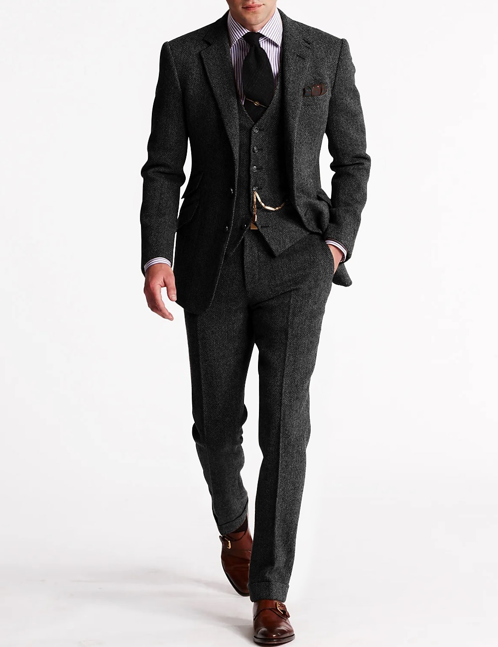 Men's Tweed Herringbone Suits 3 Piece Vintage Retro Plus Size Solid Colored Tailored Fit Single Breasted Two-buttons Brown Burgundy Dark Navy Green Fall/Winter 2025 - GBP £121 –P3