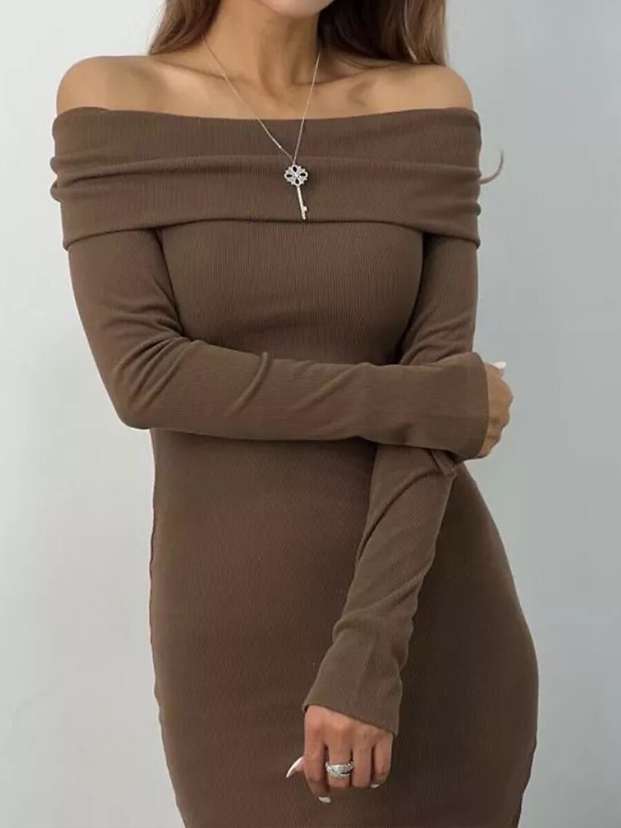 Mujer Vestido de Fiesta Vestido Invitada Boda Vestido tubo Separado Hombros Caídos Manga Larga Vestido Midi Vestido de invierno Invitado a la boda Negro Azul Piscina Primavera Invierno 2025 - $24.99 -P4