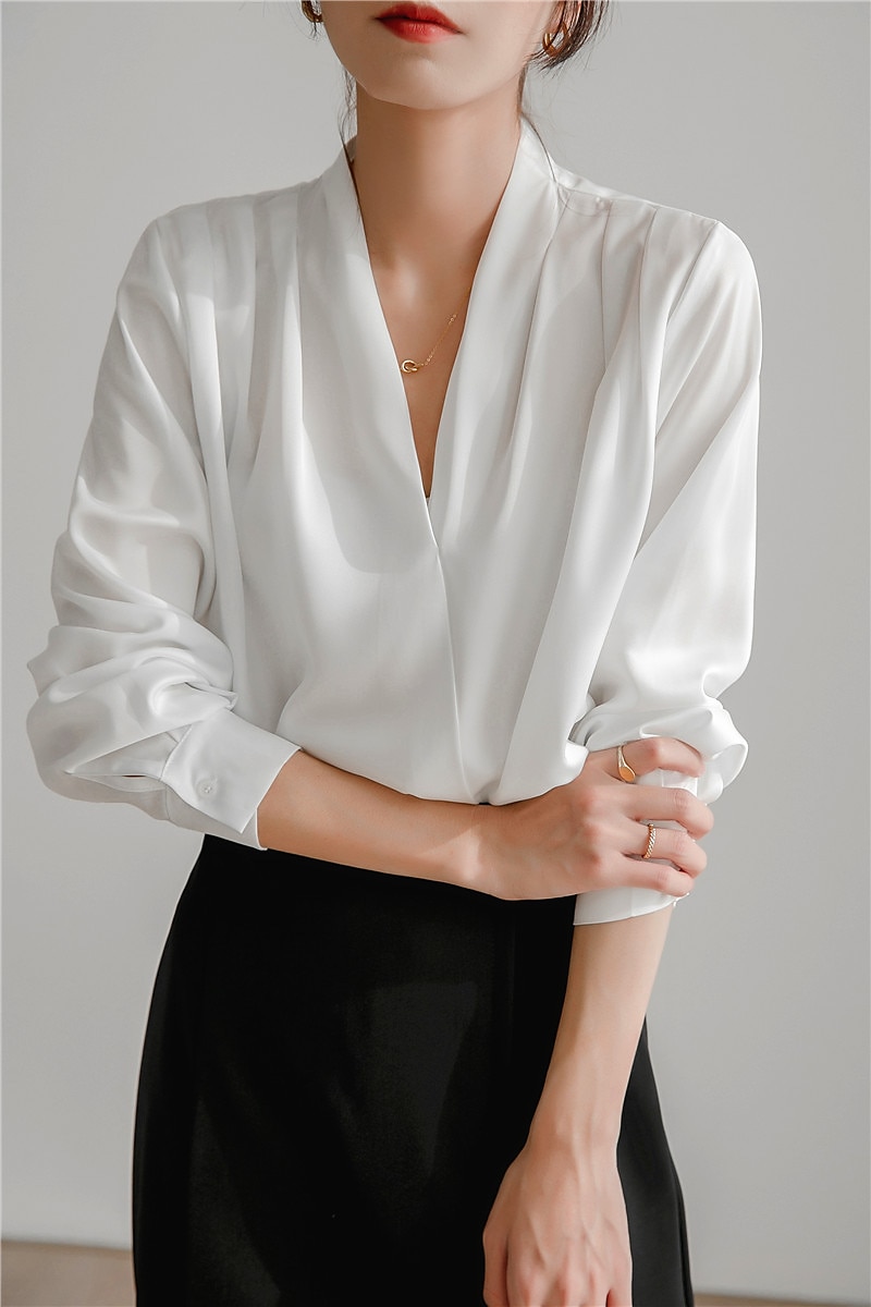 Damen Hemd Bluse Glatt Täglich Geschäftlich Reifen Langarm V Ausschnitt Normale Oberteile Arbeit Weiß Marineblau Frühling & Herbst 2025 - $37.99 –P3