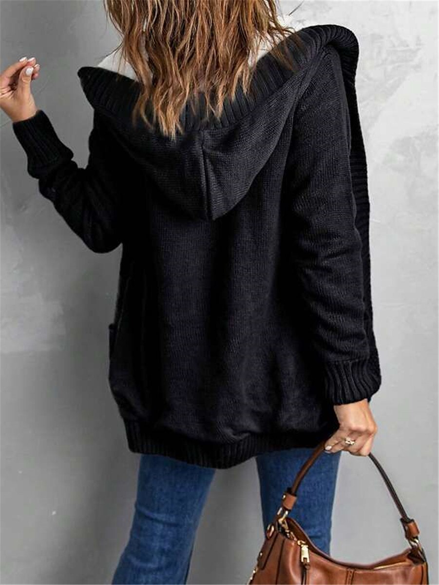 Women's Cardigan Cable Knit Sweater Hooded Cable Knit Acrylic Button Pocket Knitted Fall Winter Regular Outdoor Daily Going out Stylish Casual Soft Long Sleeve Pure Color Black Dark Gray S M L 2023 - US $54.99 –P9