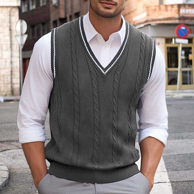 Weihnachtspullover, Herrenpullover, Weste, Strickpullover, Pullover mit Zopfmuster, normal gestrickt, einfarbig, V-Ausschnitt, warm halten, modern, zeitgenössisch, Alltagskleidung, Ausgehen, Kleidung, Herbst, Winter, Weiß, Rot, S, M, L 2025 - $25.99 –P5