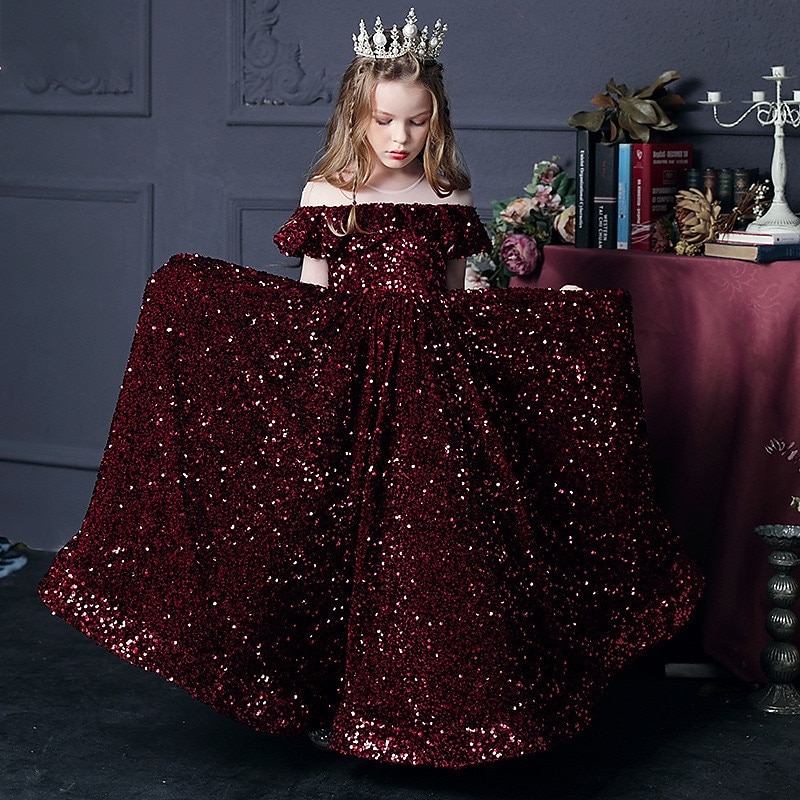 Blomsterpikekjole Jente Kjole Aftenkjole Festkjole Bryllup Fest søt stil Prinsesse Rynket Netting Kortermet Crew-hals Sølv Svart 3-12 år 2025 - $84.99 –P12