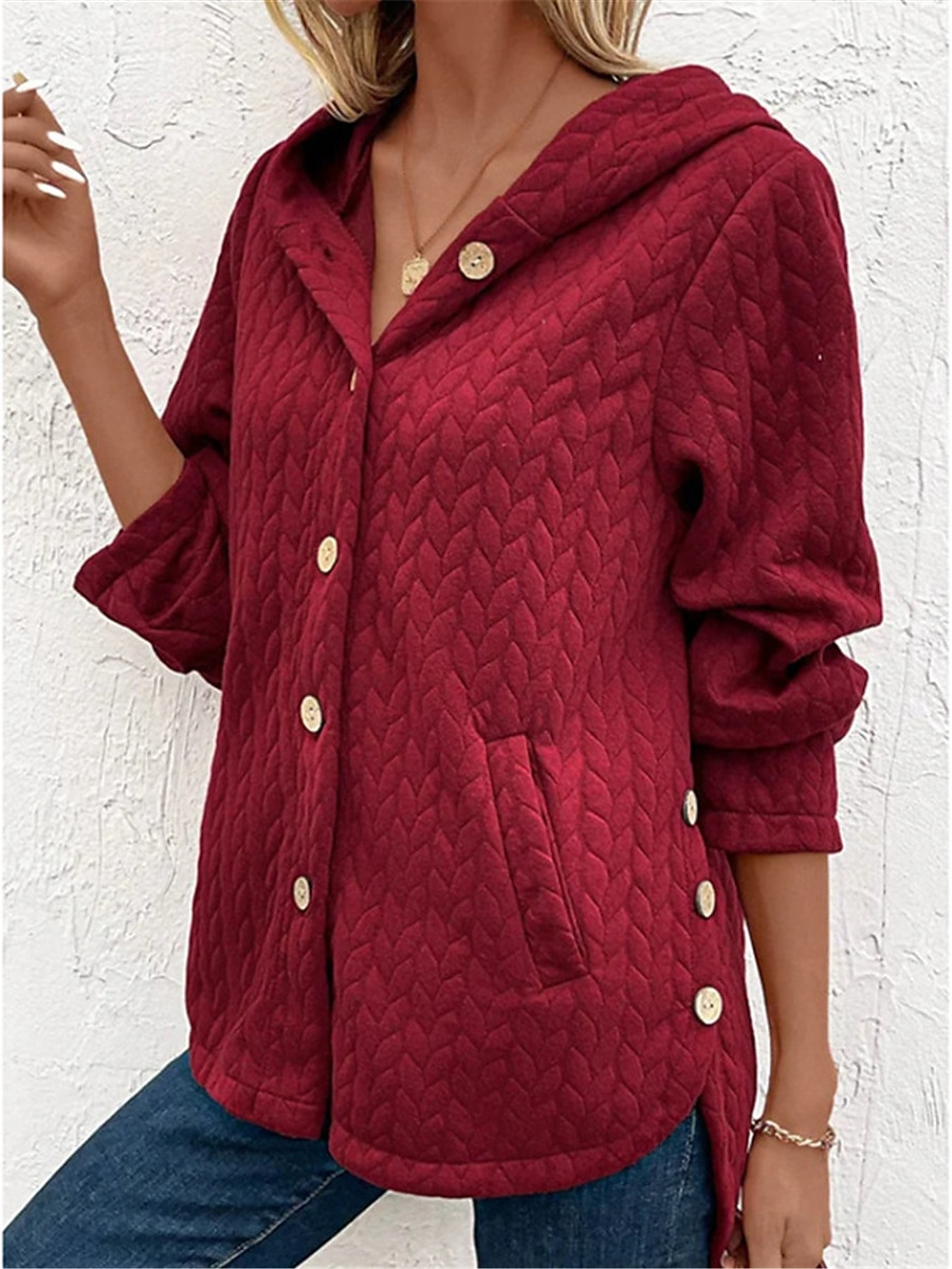 Women's Hoodie Jacket Warm Breathable Outdoor Casual Daily Wear Button Pocket Single Breasted Hoodie Fashion Daily Modern Solid Color Regular Fit Outerwear Long Sleeve Fall Winter Wine S M L XL 2XL 2023 - US $32.99 –P1