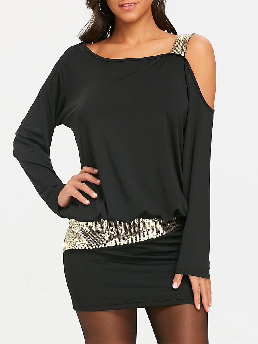 Damen schwarzes kleid Paillettenkleid abendkleider Pailletten Rüschen Schulterfrei Langarm Farbblock Minikleid Cocktailparty Urlaub Schwarz Wein Winter 2025 - $21.99 –P1