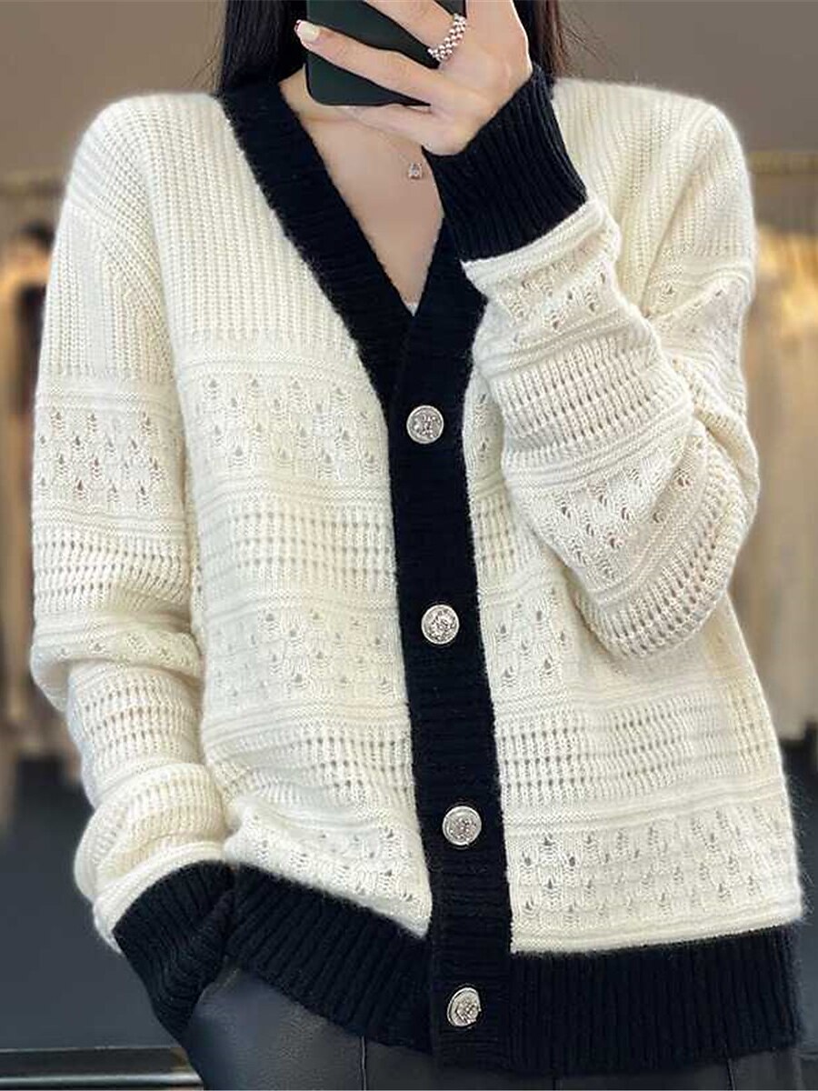 Women's Cardigan V Neck Ribbed Knit Polyester Button Knitted Fall Winter Short Outdoor Daily Going out Stylish Casual Soft Long Sleeve Solid Color Black White Khaki One-Size 2023 - US $25.99 –P3