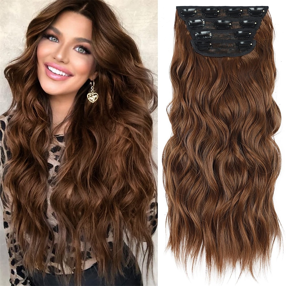 Extensões Sintéticas Clipes Cabelo Sintético Longo Alongamento Com Presilha 4pçs Macio Resistente ao Calor Fofo Mulheres de 2025 por $29.99 –P4