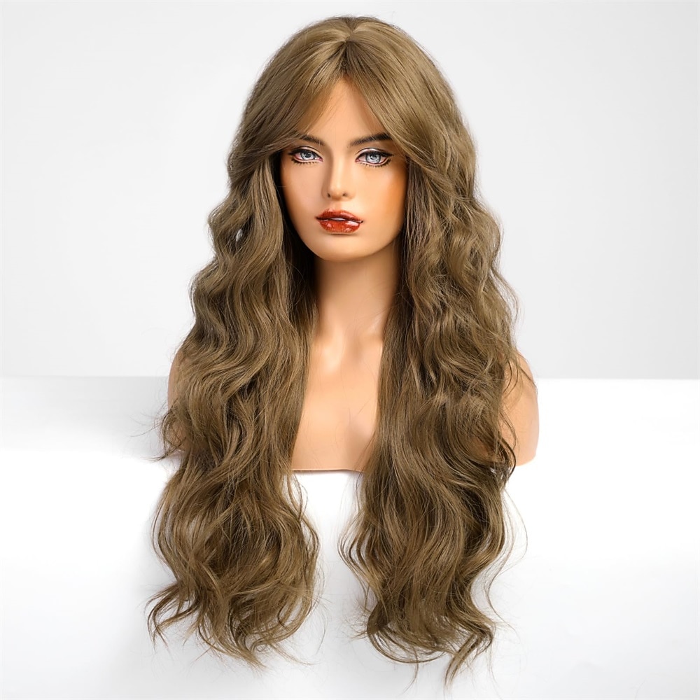 Perruque longue ondulée rose pour femme - Perruque rose ombré - Racine foncée - 66 cm - Avec frange - Perruque bouclée ondulée - Aspect naturel - Fibre synthétique résistante à la chaleur - Pour une de 2025 ? $28.99 –P3