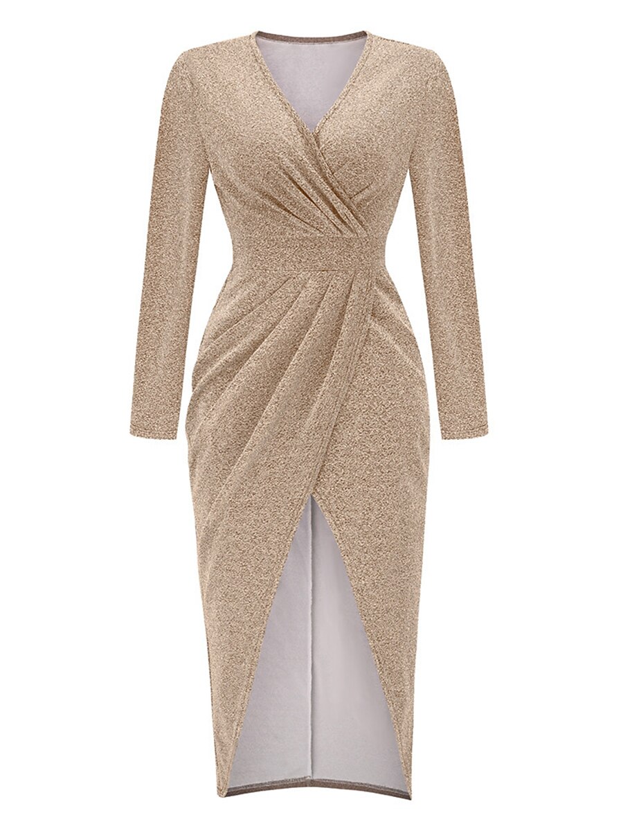 Mulheres Vestido preto Vestido de festa Vestido de convidada de casamento Franzido Fenda Decote V Manga Longa Formal Roupa de inverno Prata Preto Primavera Inverno de 2026 por $38.99 –P18