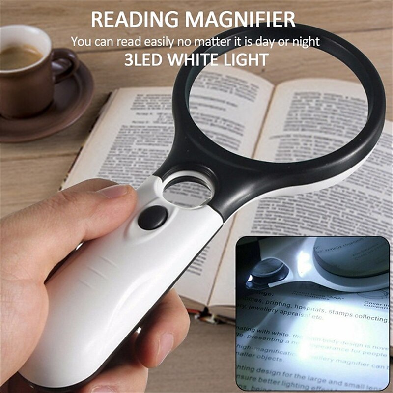 2025年 新しいアップグレード 3x 45x ハンドヘルド拡大鏡 3 LED ライト読書虫眼鏡ジュエリー修復ツールジュエリールーペ コレクション – $11.99 –P3
