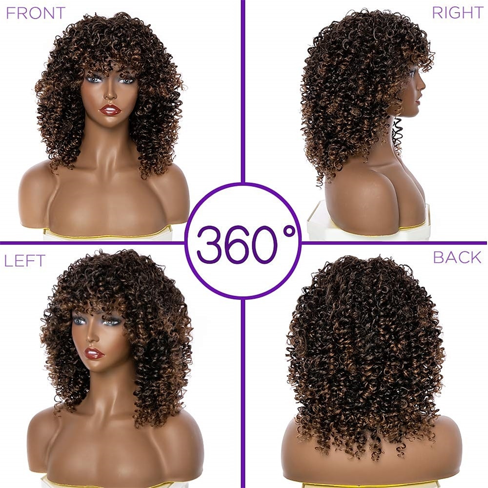 gekrulde pruiken voor zwarte vrouwen - kinky afro krullende pruik met pony 2 toon blond gemengd bruin kleur synthetisch hittebestendig volledige pruiken kerstfeestpruiken 2025 - $21.99 –P6