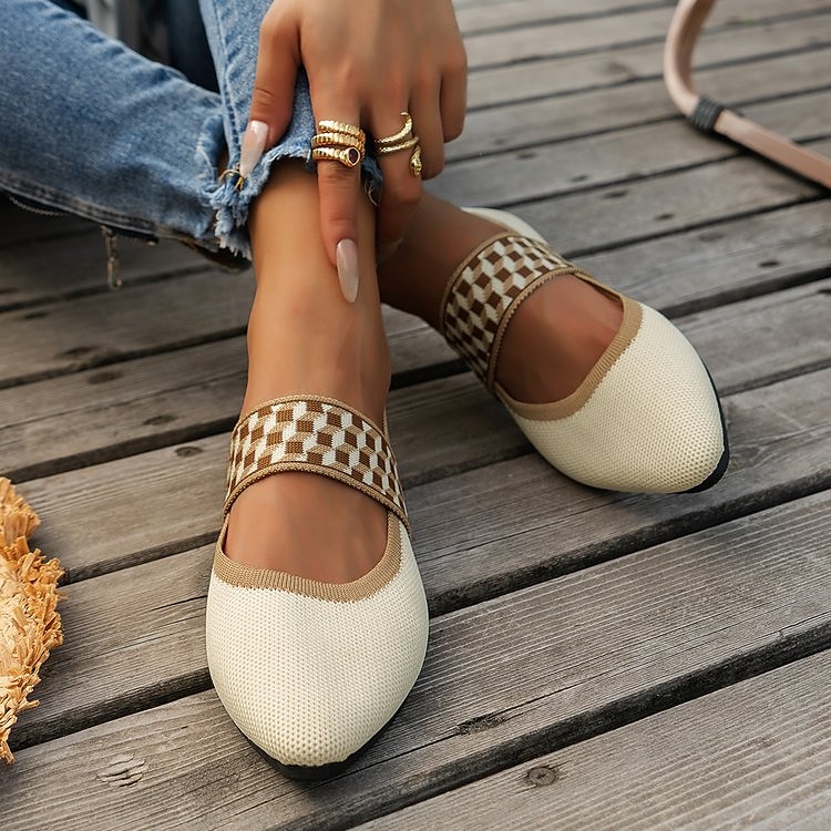 Women's Black Knit Mary Jane Flats – Pointed Toe Stretch Fabric Casual Shoes with Geometric Straps for Work, Travel & Daily Wear 2025 - $19.99 –P2