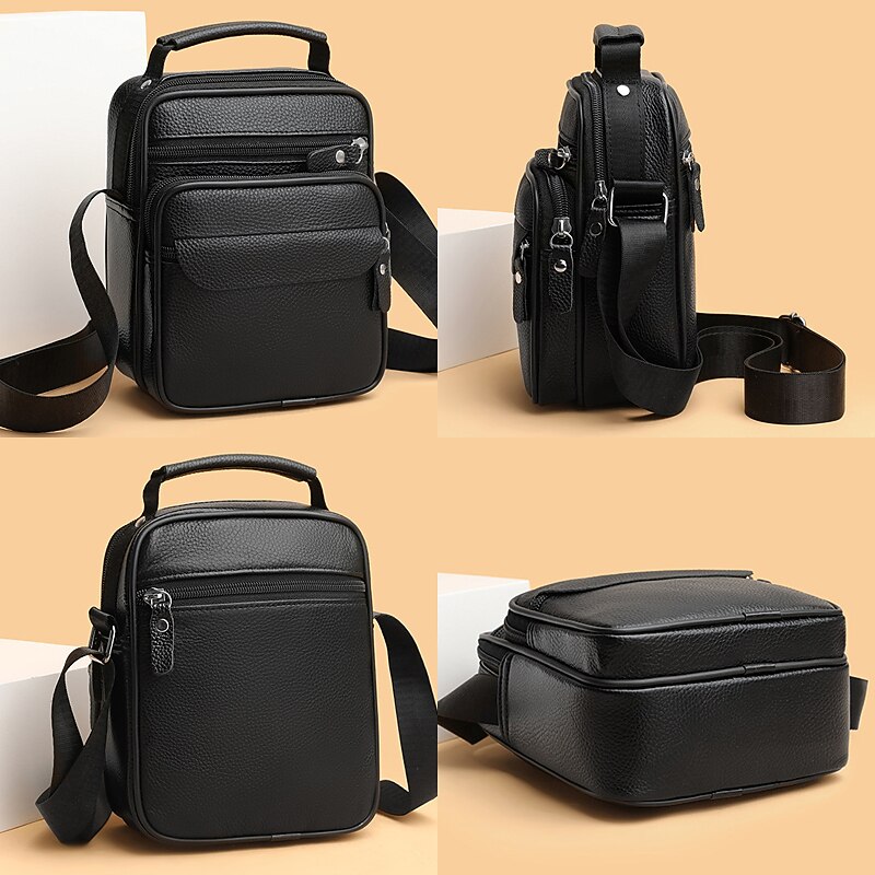 Voor heren Crossbody zak Schoudertas Schooltas Leder Buiten Dagelijks Feestdagen Rits Grote capaciteit waterdicht Lichtgewicht Effen Kleur Zwart 2025 - $29.99 -P6