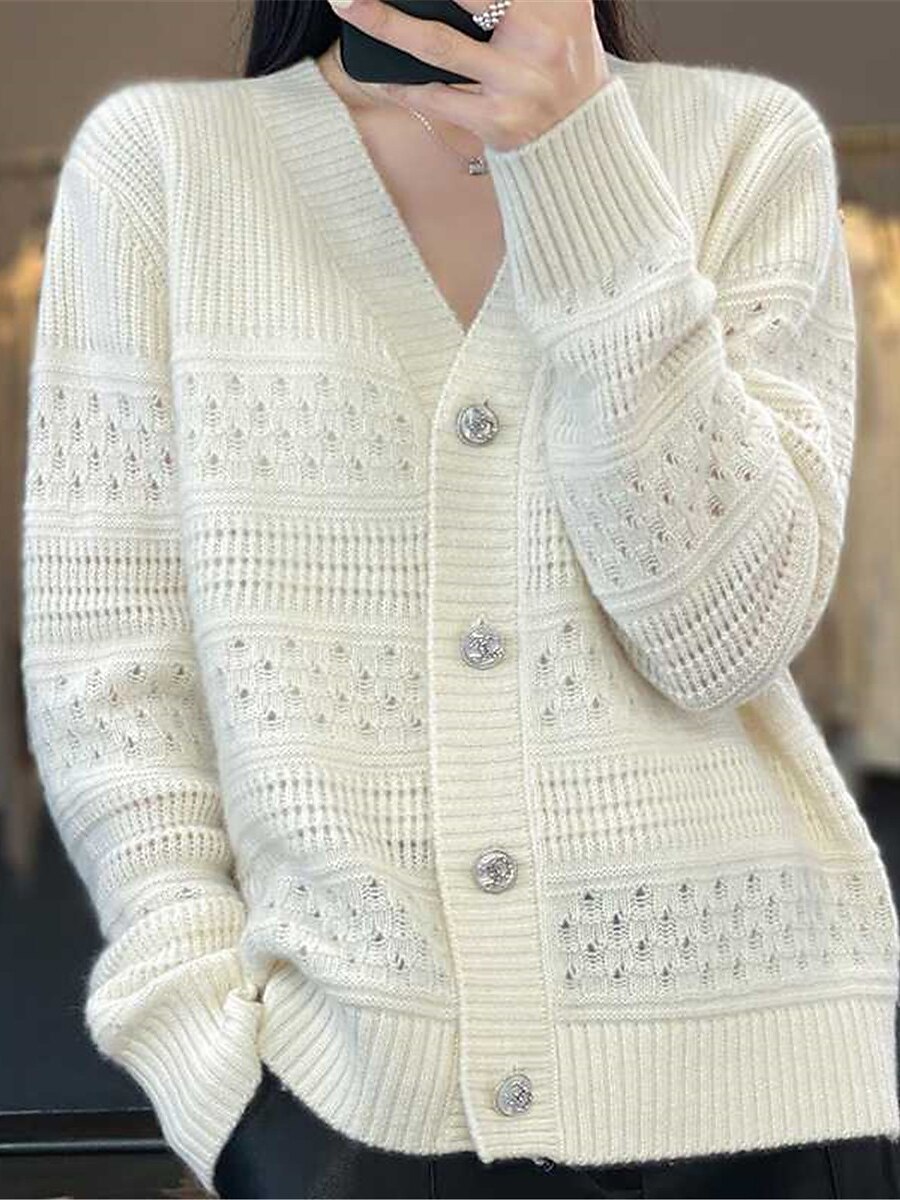 Women's Cardigan V Neck Ribbed Knit Polyester Button Knitted Fall Winter Short Outdoor Daily Going out Stylish Casual Soft Long Sleeve Solid Color Black White Khaki One-Size 2023 - US $25.99 –P2