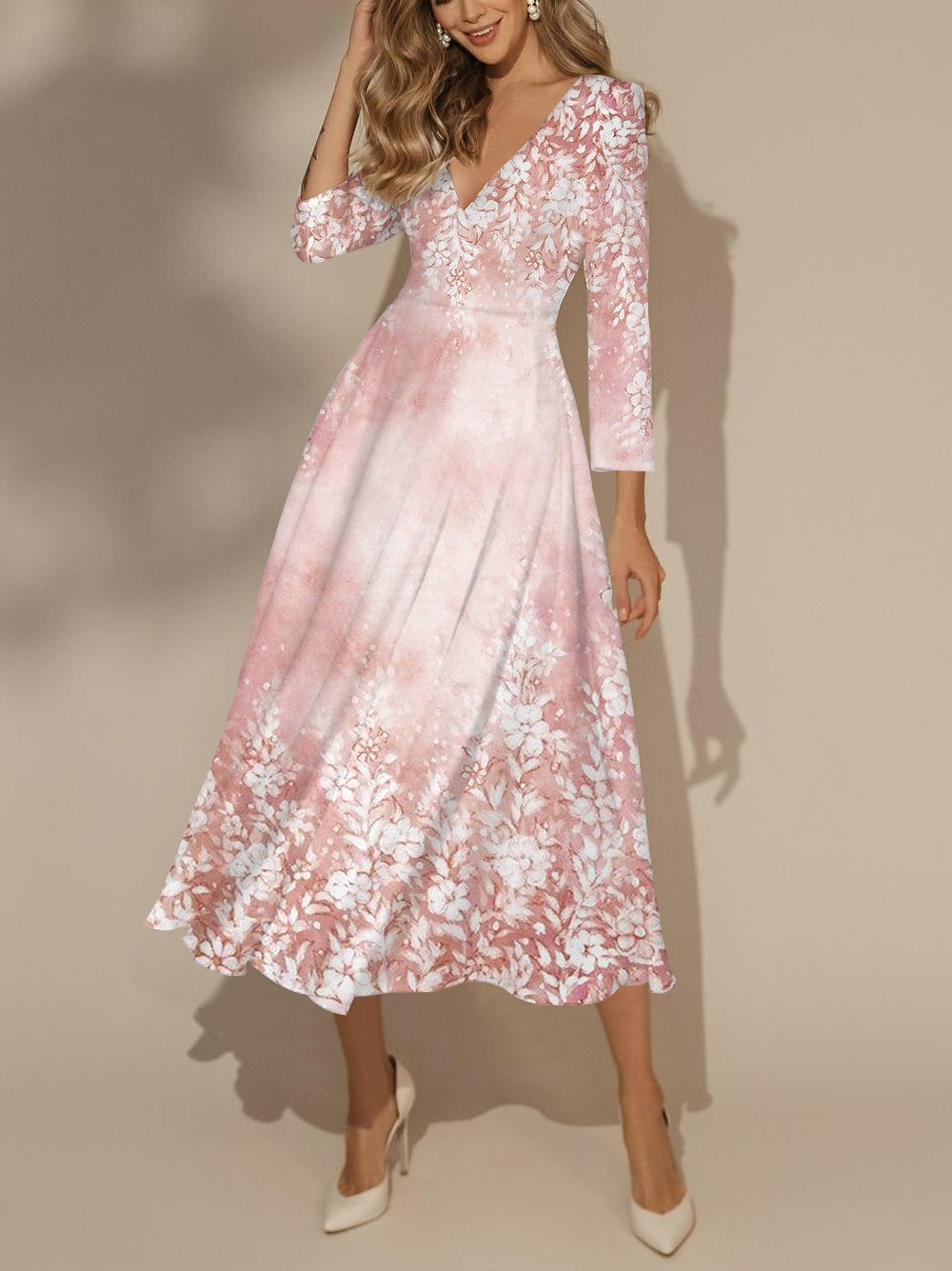 Dam Midiklänning Swingklänning Semi formell klänning A linjeklänning Klänning med tryck Mode Streetwear Modern Formell Utomhus Semester Normal Blommig 3/4 ärm V-hals Rodnande Rosa Höst Vinter 2025 - $36.99 –P1