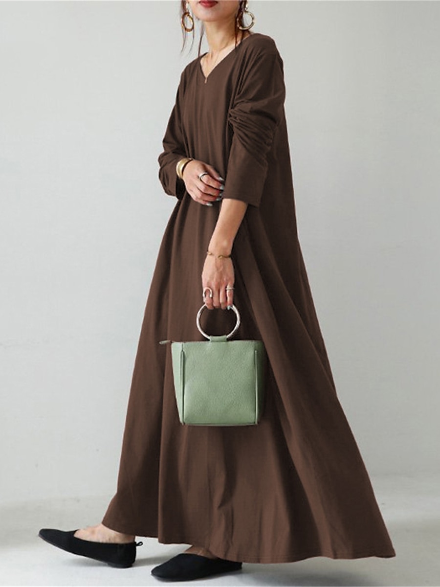 Women's Long Dress Maxi Dress Linen-Inspired Dresses Black Dress Casual Dress Winter Dress Fashion Streetwear Mature Outdoor Street Daily Loose Fit Long Sleeve V Neck Black Yellow Brown Dark Blue 2025 - $28.99 –P7