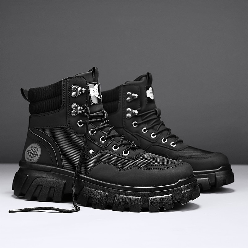 Men's Boots Work Boots Walking Vintage Casual Daily PU Height Increasing Mid-Calf Boots Lace-up Black Yellow Green Fall Winter 2023 - AED 179.99 –P5