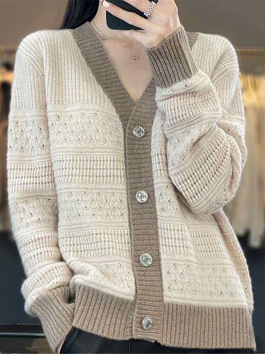 Women's Cardigan V Neck Ribbed Knit Polyester Button Knitted Fall Winter Short Outdoor Daily Going out Stylish Casual Soft Long Sleeve Solid Color Black White Khaki One-Size 2023 - US $25.99 –P4